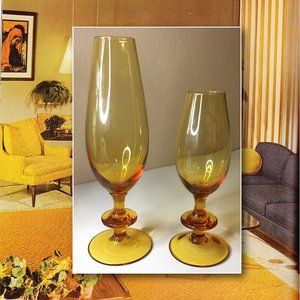 VINTAGE 60's-70's Hand-Blown Amber Glass - Set Of 2 - Bud Vases